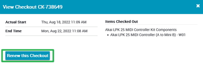 WebCheckout Patron Portal dialog box displaying a current checkout allocation, and the button to select 